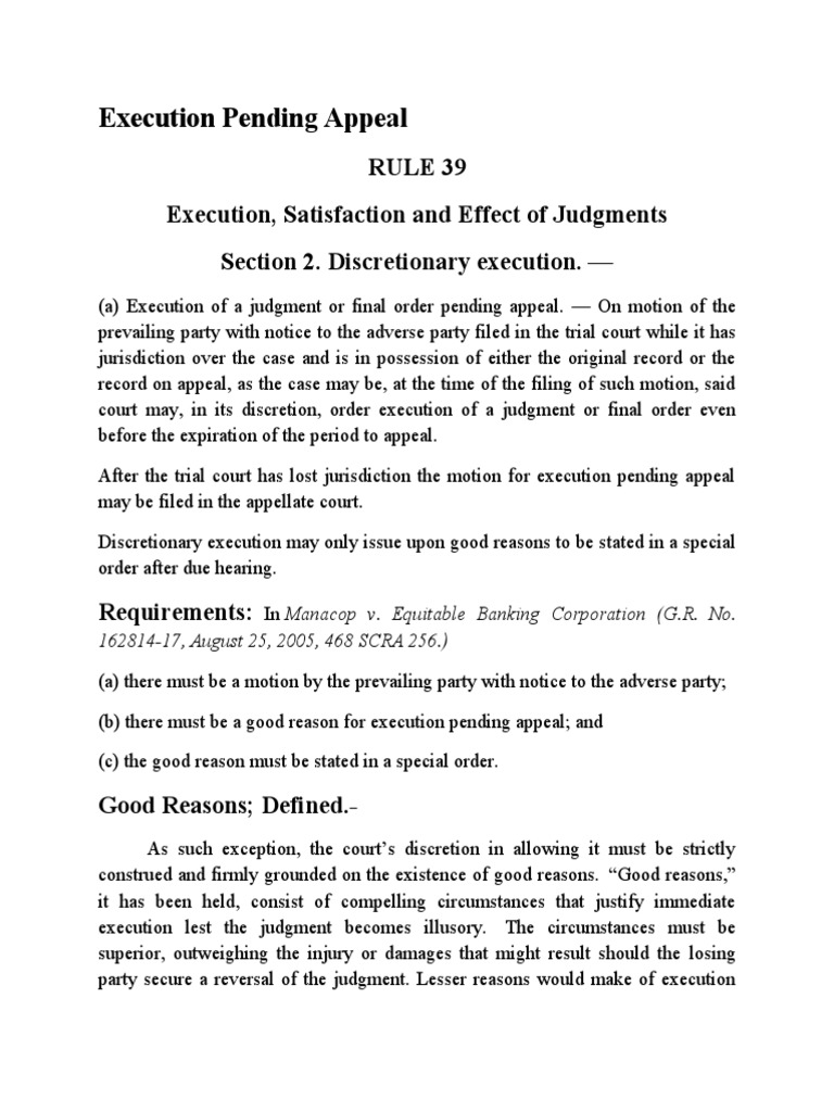Execution Pending Appeal Research PDF Judgment (Law) Appeal