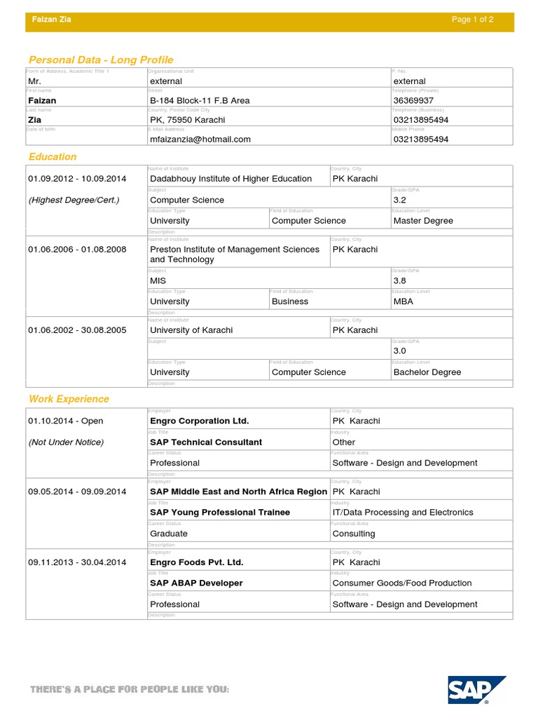 Personal Data - Long Profile: Education | PDF | Sap Se | Academic Degree