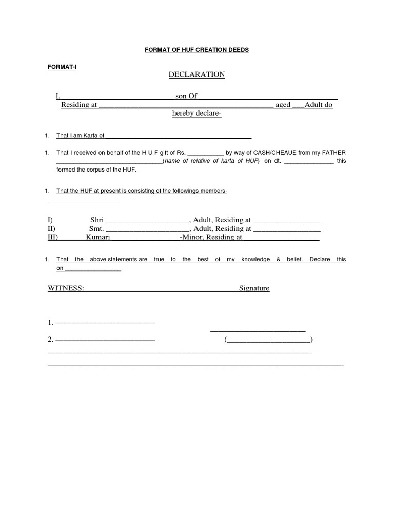 Format Of Huf Creation Deeds