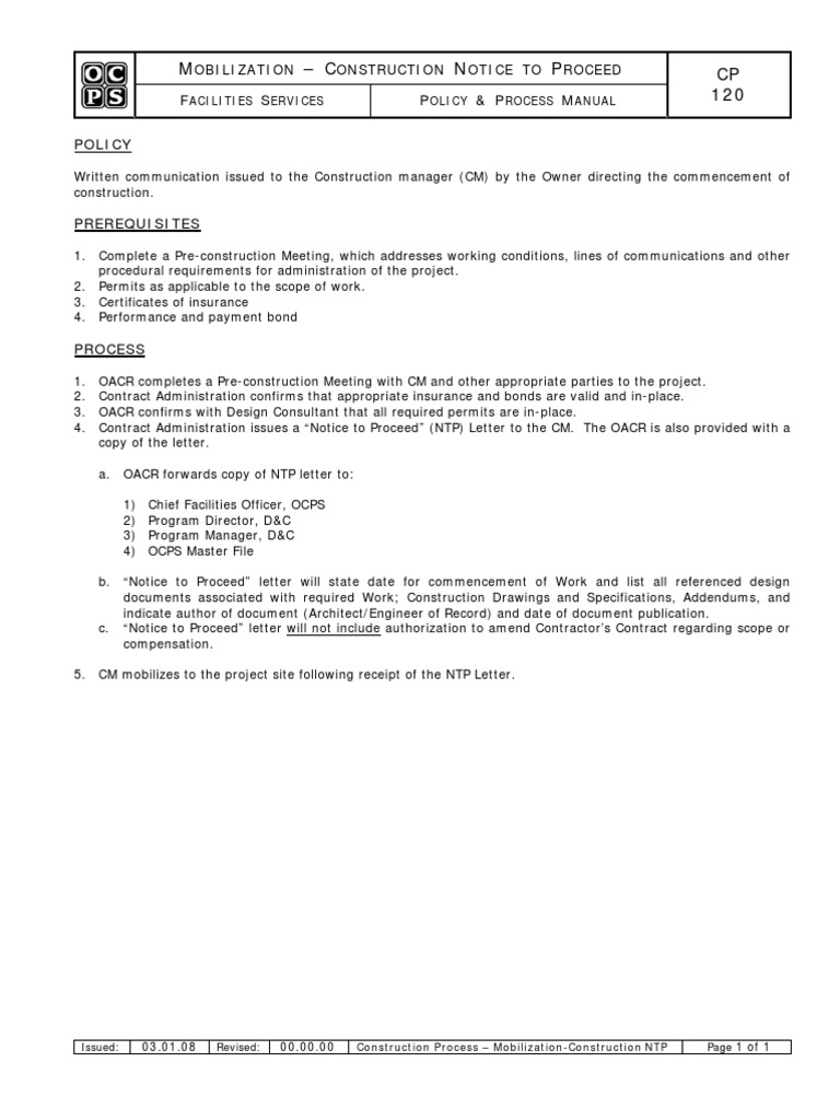 Construction Notice to Proceed Process | PDF