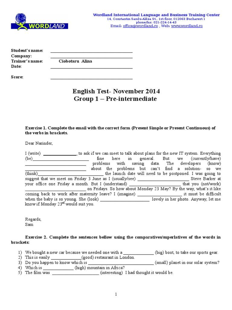 Business English Test for Pre-Intermediate | PDF | English Language ...
