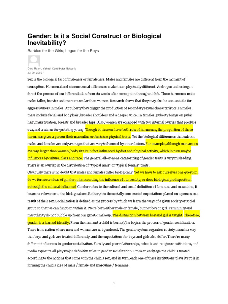 Gender Is It A Social Construct or A Biological Inevitability | PDF ...