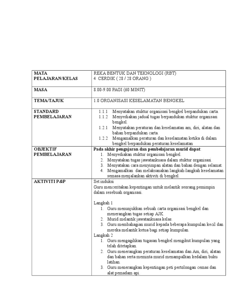 Rph Rbt Tahun 4 Asas Teknologi Peraturan Keselamatan Bengkel Pdf