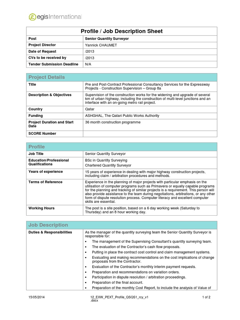 Profile / Job Description Sheet Project Details Surveying Business