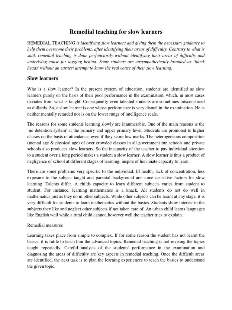 Remedial Teaching Strategies for Slow Learners | PDF | Learning ...