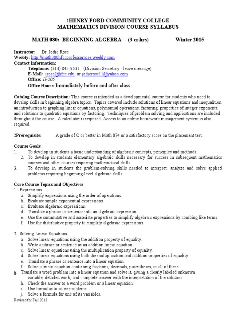 math 080 syllabus winter 2015 docx | Polynomial | Equations
