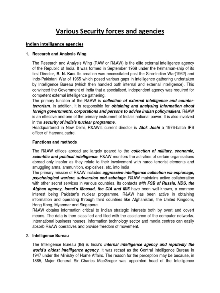 Overview of Indian Intelligence Agencies | PDF | Espionage | Government ...