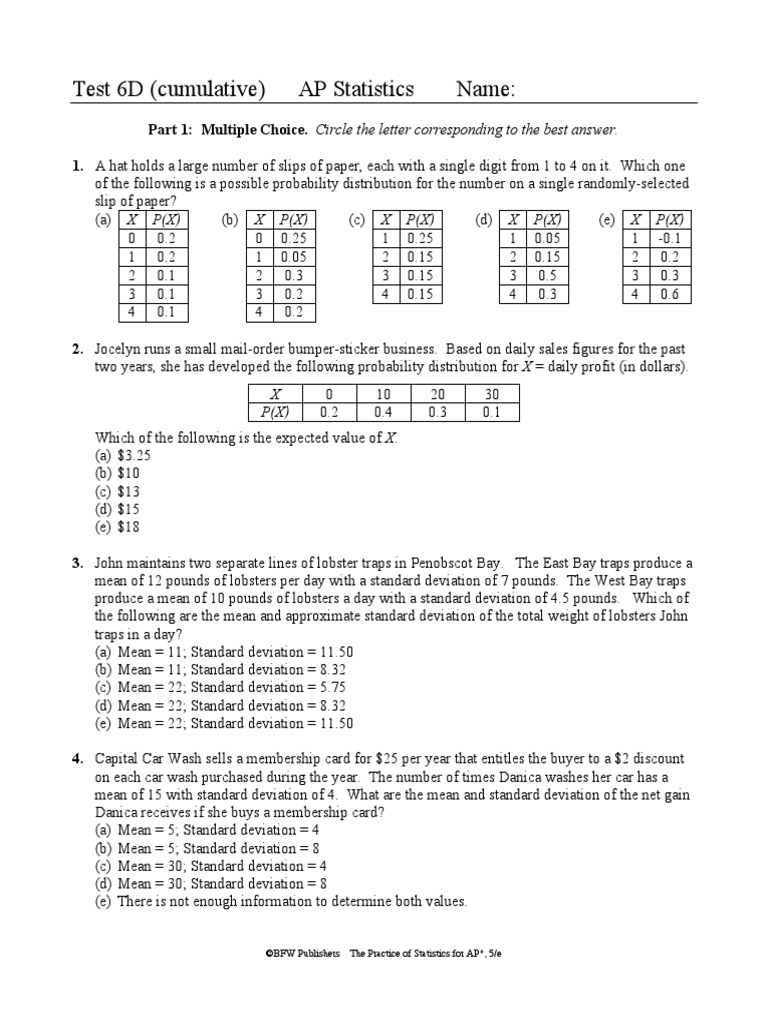 Test 6d Cumulative Ap Statistics Name C Bfw Publishers The Practice Of Statistics For Ap 5 E Mean Standard Deviation