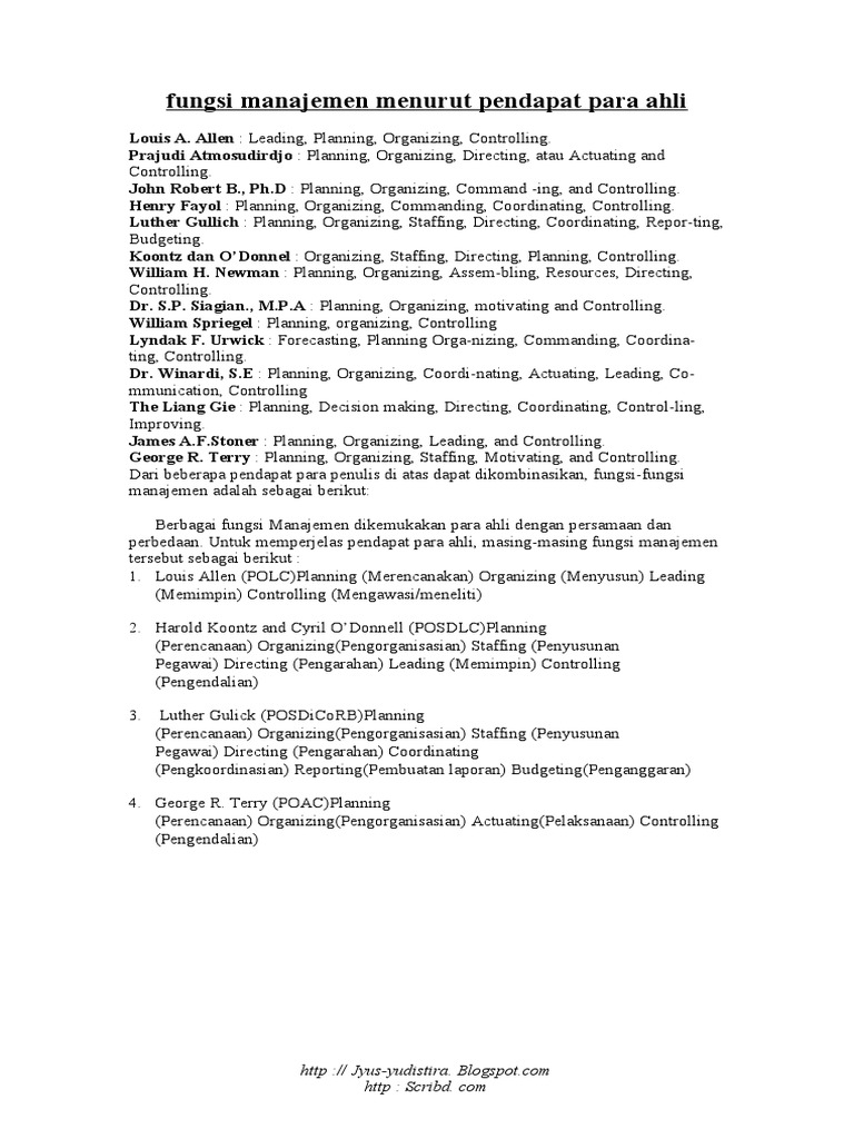 Fungsi Manajemen Menurut Pendapat Para Ahli