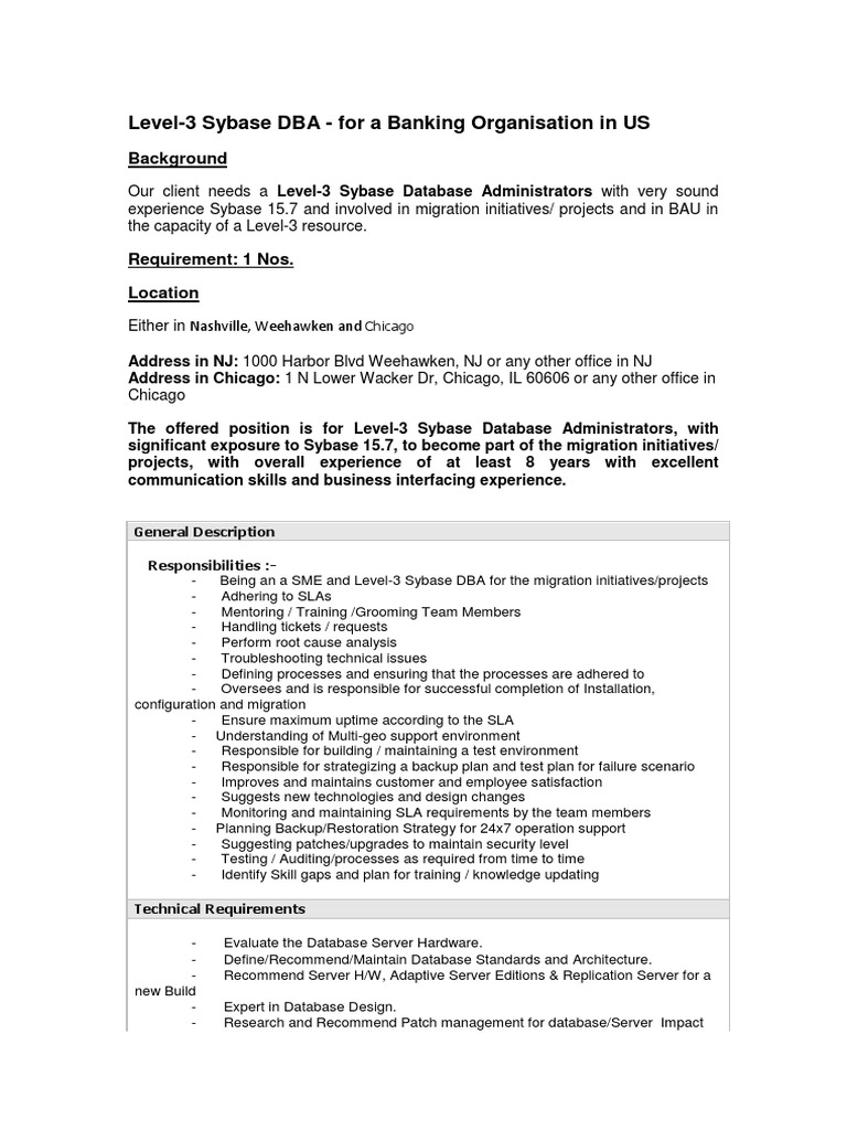 Sybase DBA Role for Banking Pros | PDF | Service Level Agreement ...