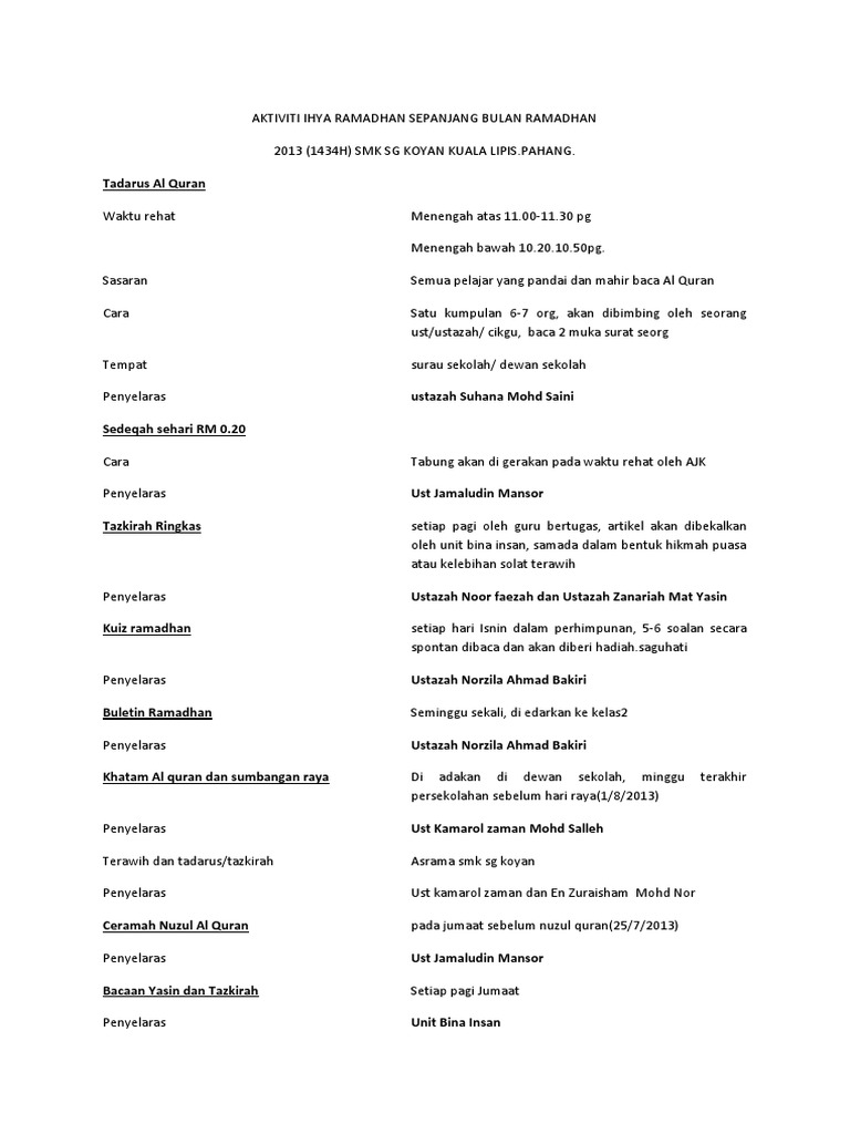 Aktiviti Ihya Ramadhan Sepanjang Bulan Ramadhan Pdf