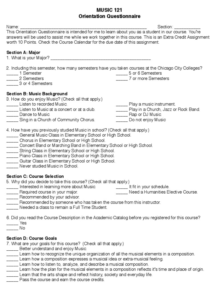 Music 121 Orientation Questionnaire | PDF | Secondary School | Cognition