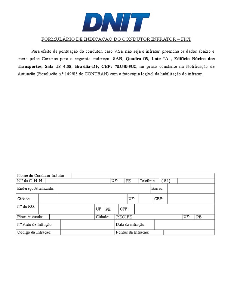 FORMULÁRIO FICI - DNIT