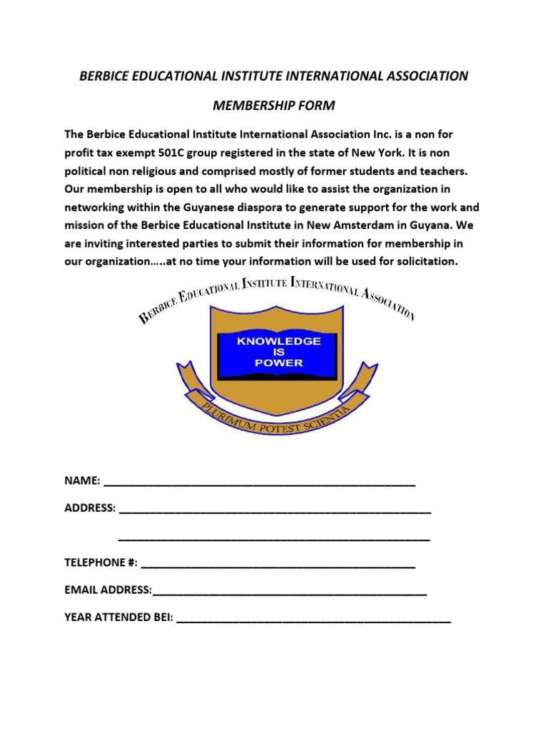 Berbice Institute Membership Form | PDF
