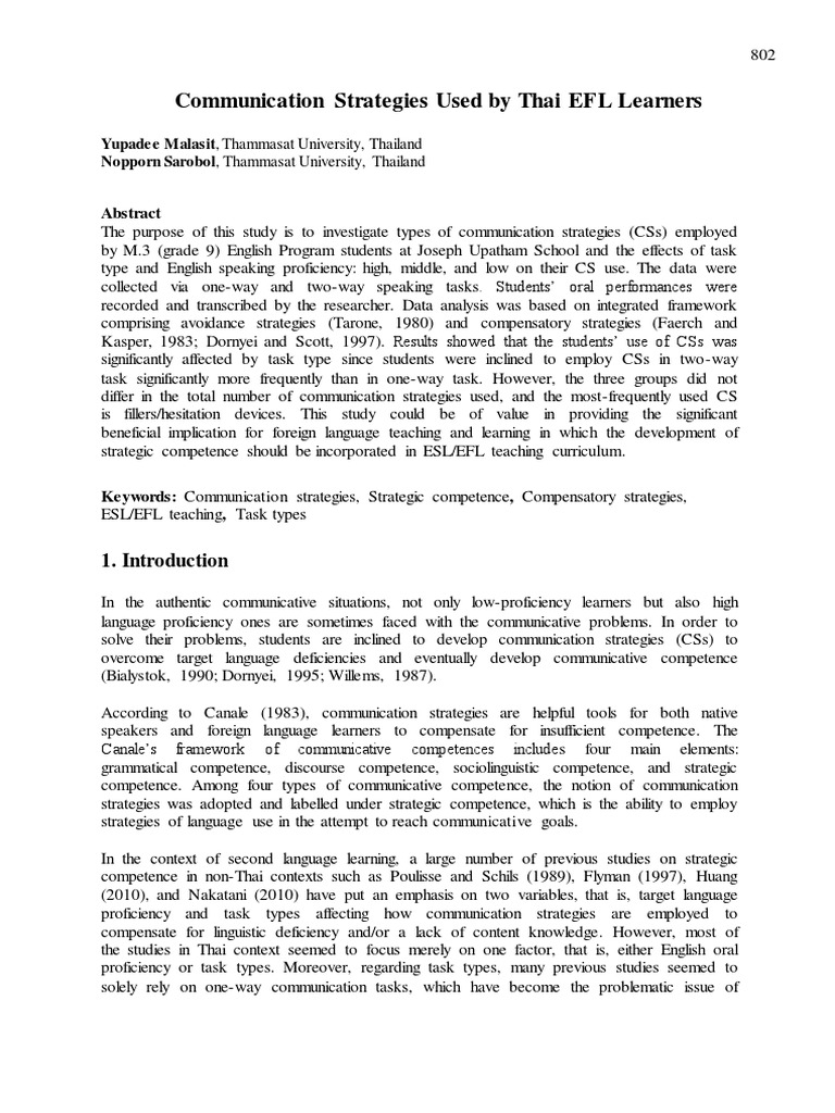 Thai EFL Learners' Communication Strategies | PDF | Second Language ...