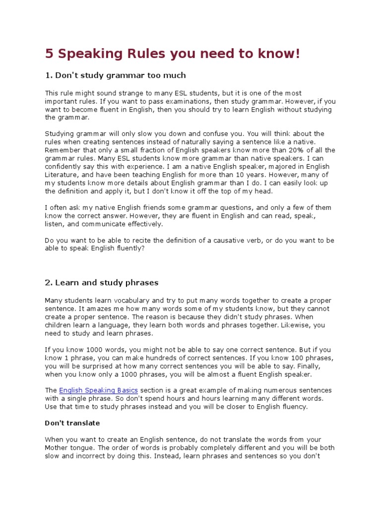 5 Speaking Rules You Need To Know Pdf Fluency Subject Grammar