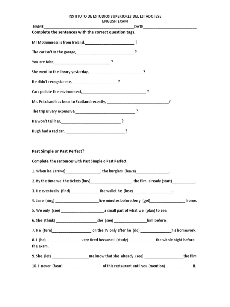 Complete Sentences with Question Tags | PDF