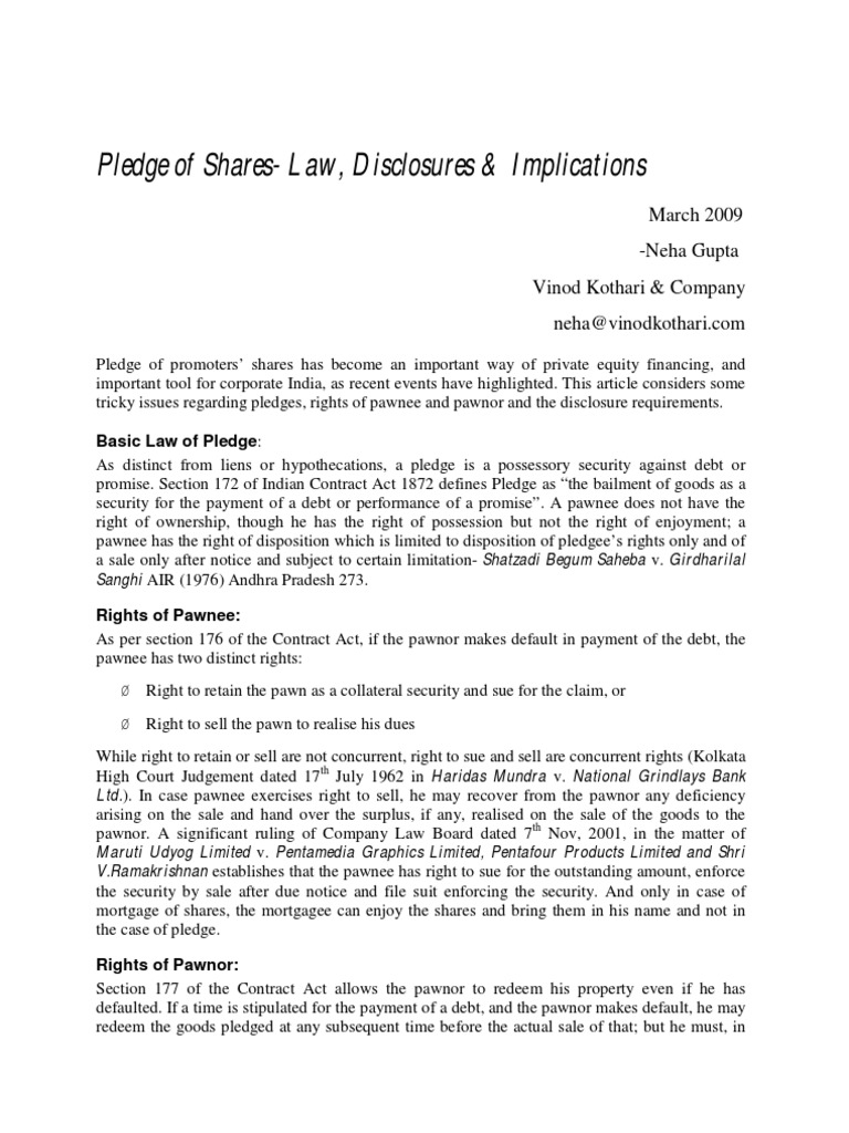 Pledge of Shares - An Overview | PDF | Mortgage Law | Securities (Finance)