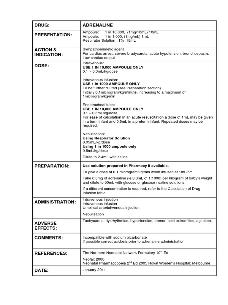 Adrenaline Dosage and Administration Guide | PDF