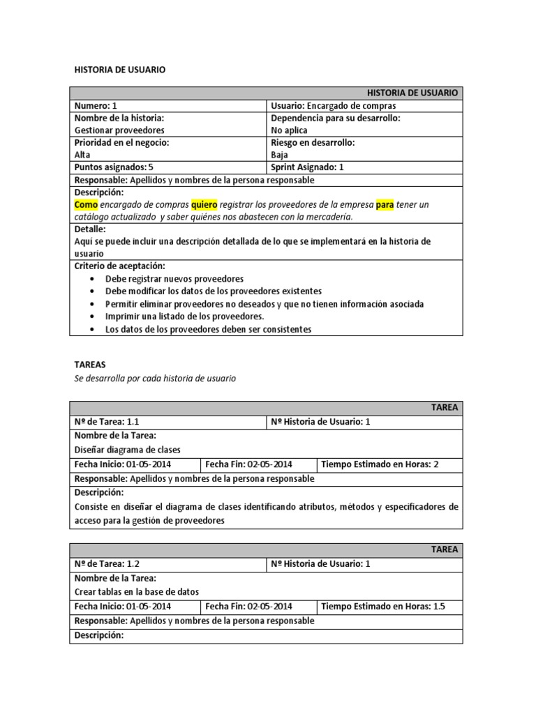 Historia de Usuario y Tareas de Historia de Usuario PDF