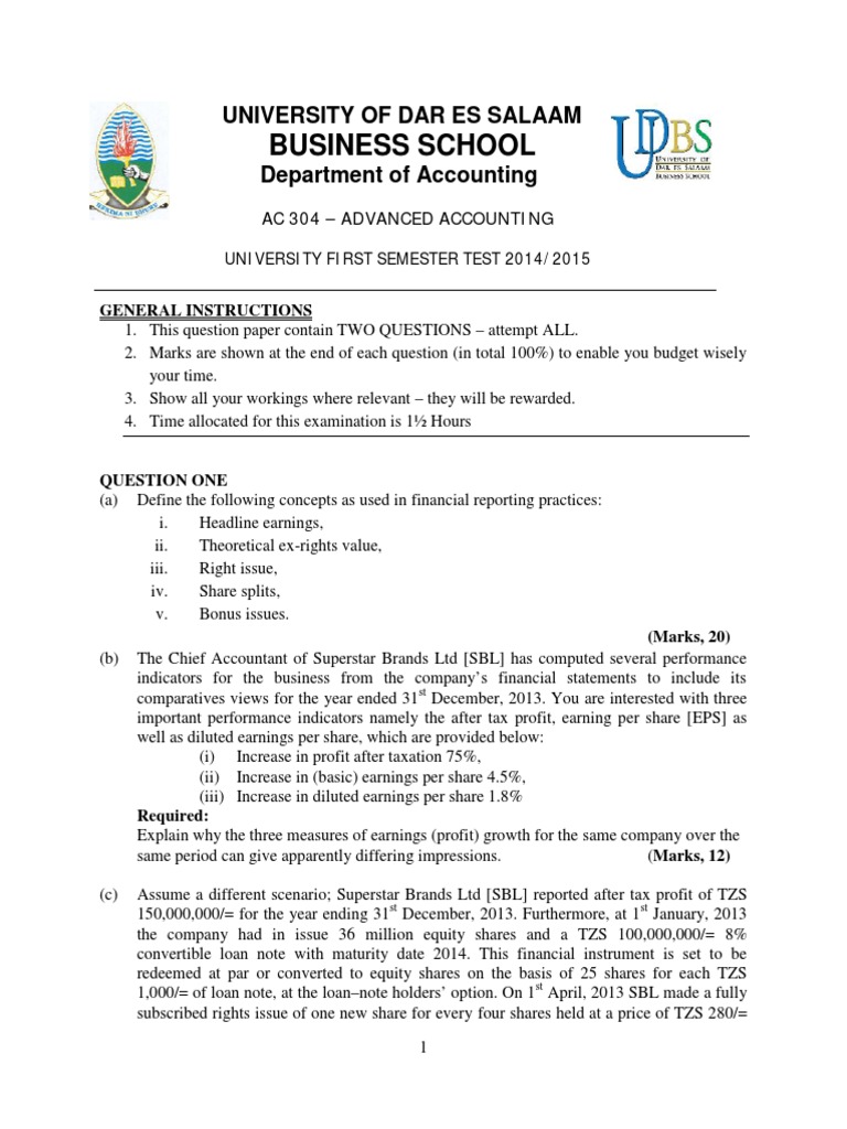Advanced Accounting Exam Questions 2014 | PDF | Earnings Per Share ...