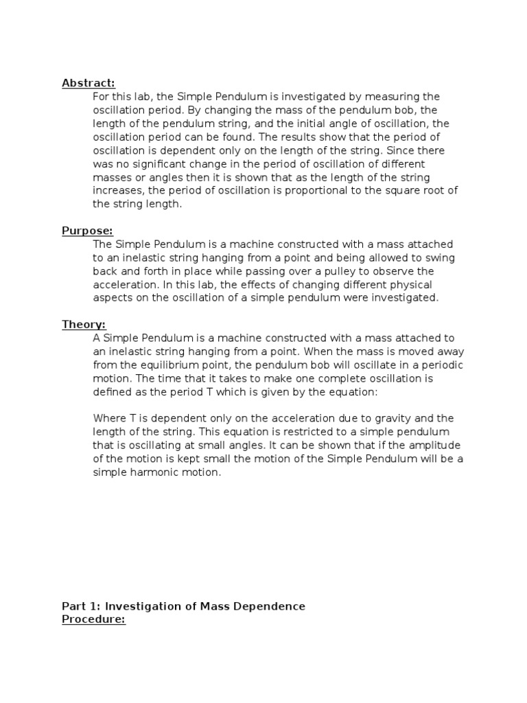 Simple Pendulum Lab Report | Pendulum | Physics & Mathematics