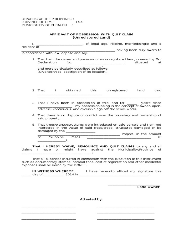 Affidavit Quit Claim