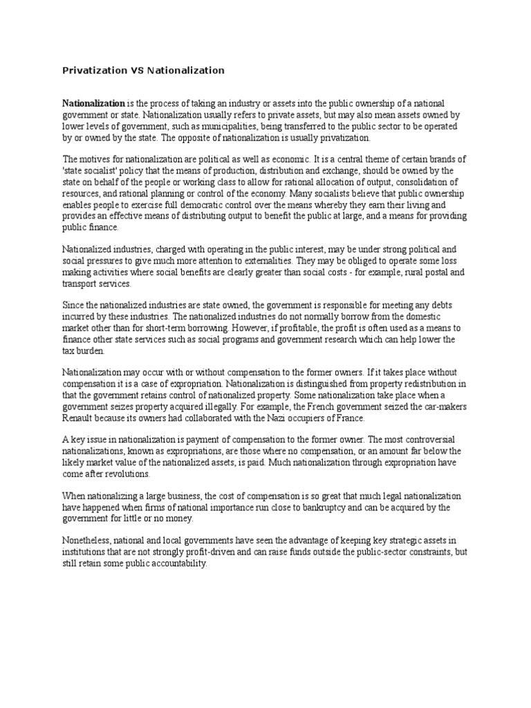 Nationalization vs Privatization | Nationalization | Privatization