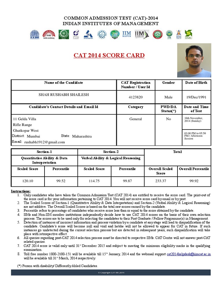 Cat 2014 Score Card: Common Admission Test (Cat) - 2014 Indian ...