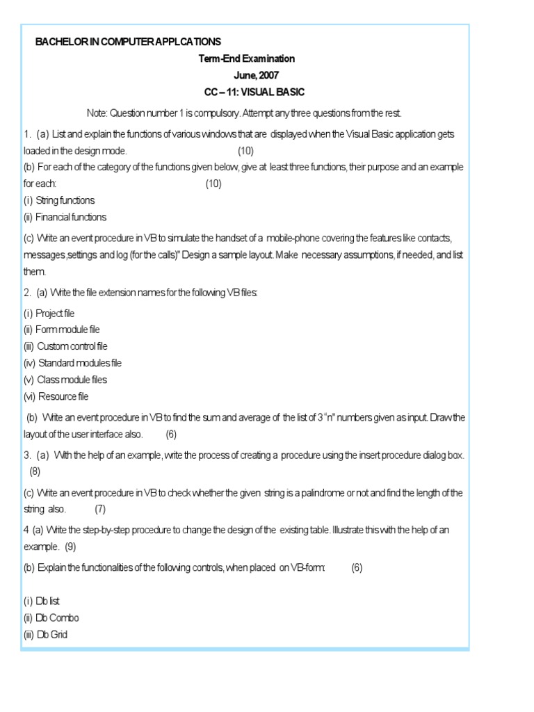 Term-End Examination June, 2007 CC - 11: Visual Basic | PDF ...