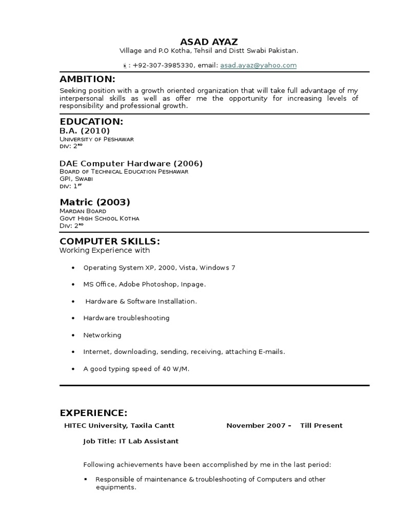 Asad Ayaz: IT Lab Assistant Profile | PDF | Computers