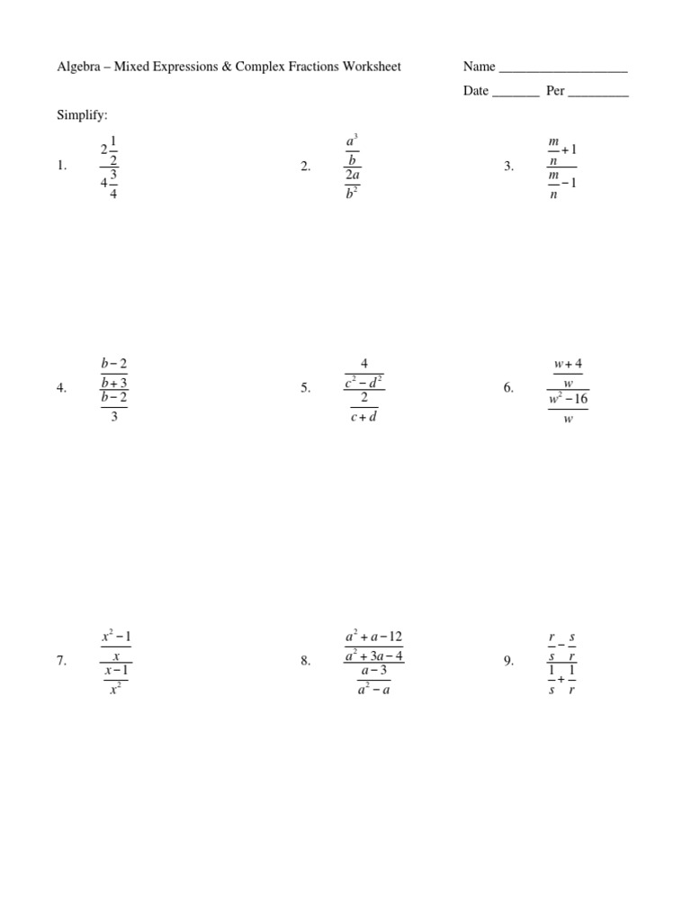 Alg - Mixed Expressions & Complex Fractions Worksheet  PDF Throughout Simplifying Complex Fractions Worksheet