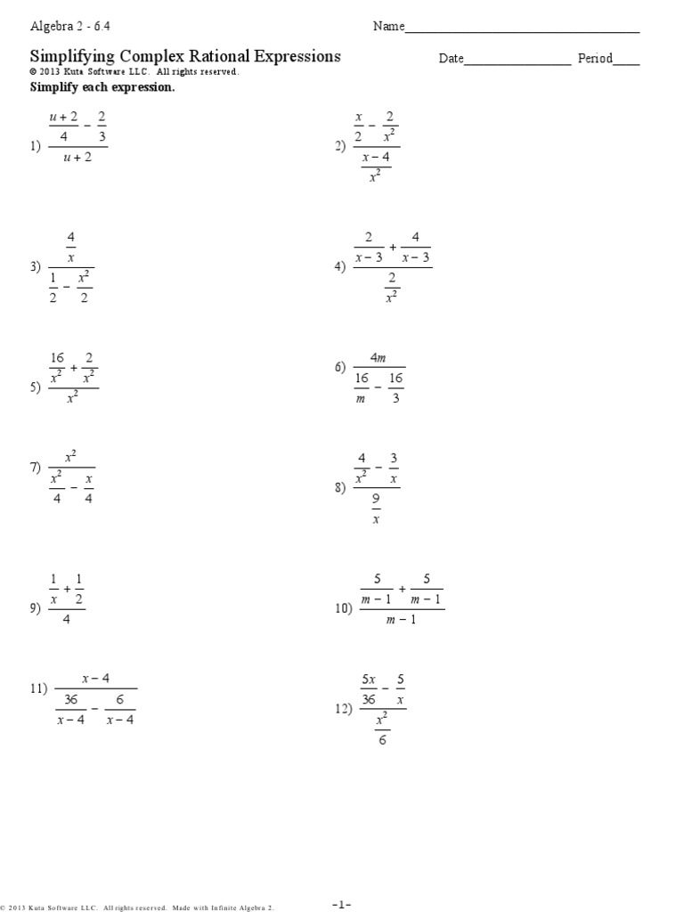 6 - 4 Complex Rational Expressions - Worksheet - v1 20130117 | PDF