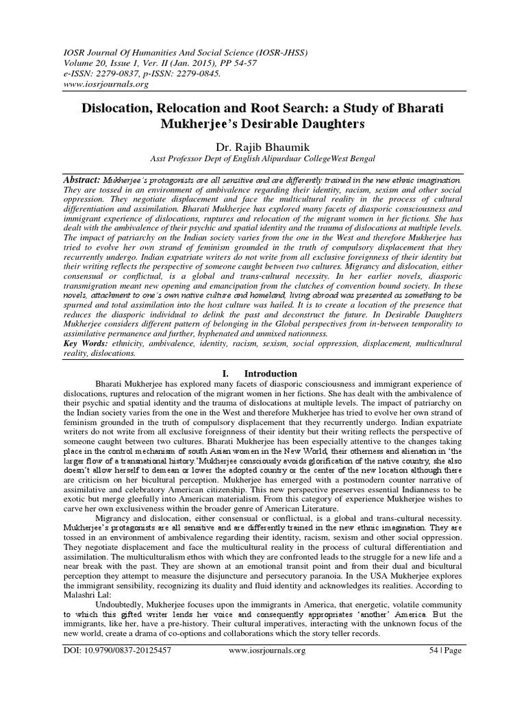 Dislocation, Relocation and Root Search: A Study of Bharati Mukherjee's ...