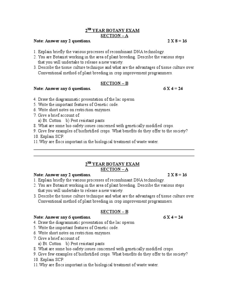 2nd Year Botany Exam