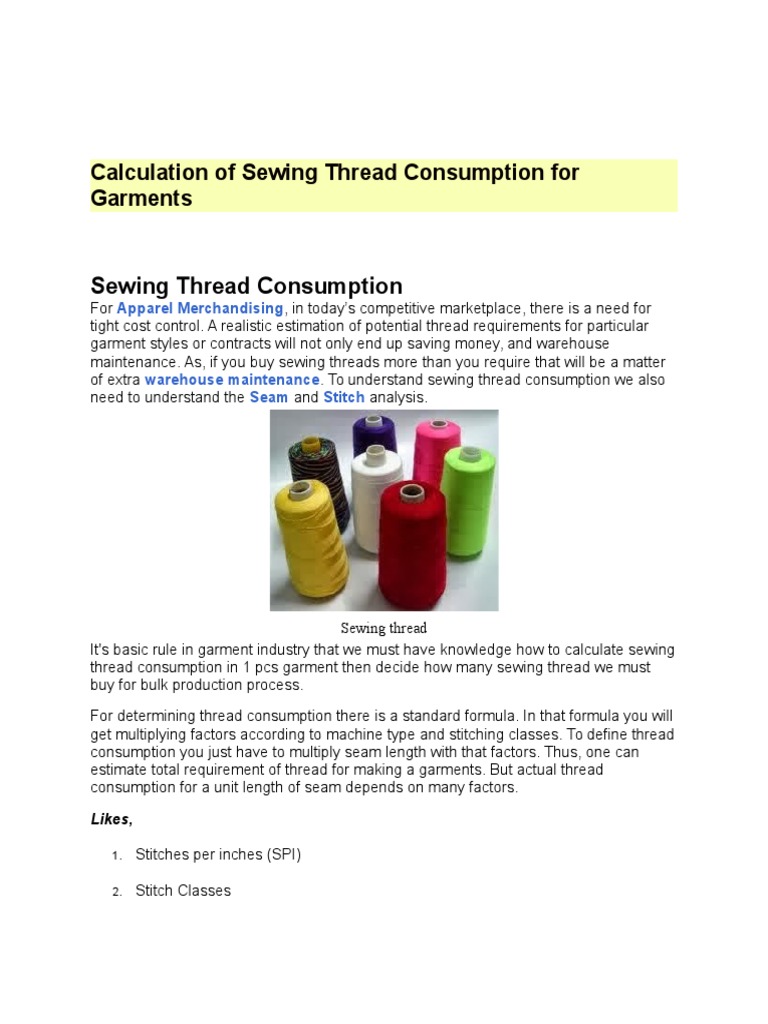Calculation of Sewing Thread Consumption For Garments PDF Sewing Yarn