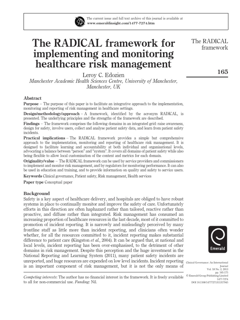 The RADICAL Framework For Implementing and Monitoring Healthcare Risk ...