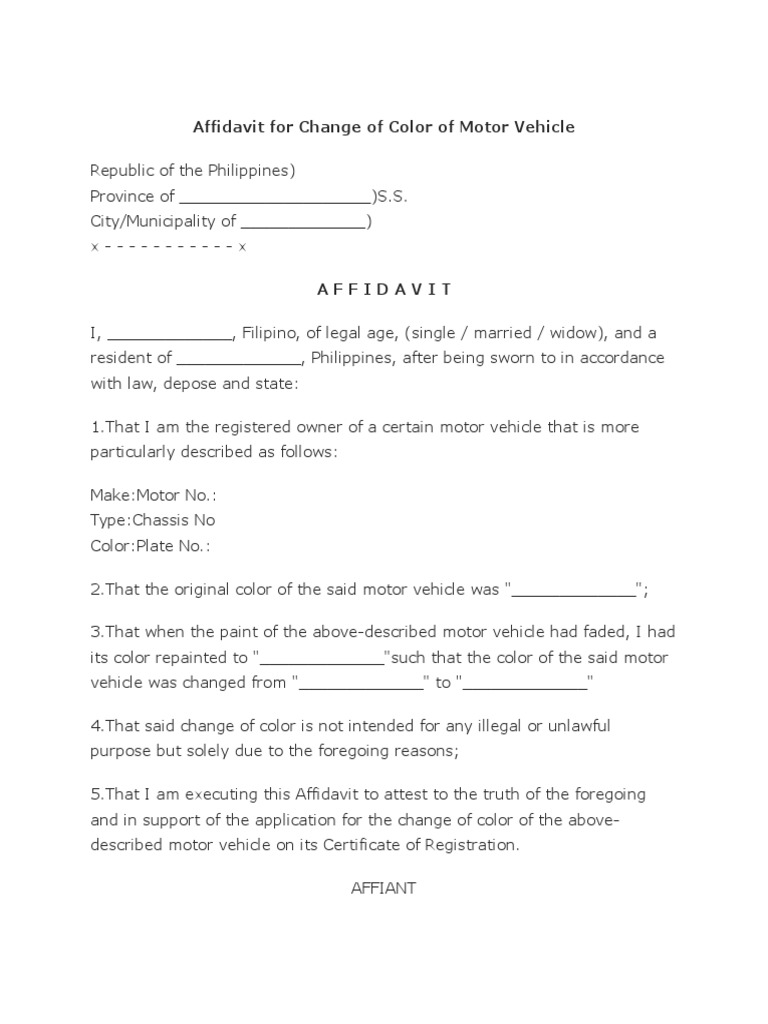 Affidavit for Change of Color of Motor Vehicle  Affidavit  Land Vehicles