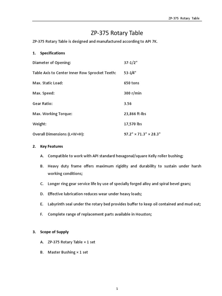 ZP-375 Heavy Duty Rotary Table Specs | PDF | Gear | Manufactured Goods