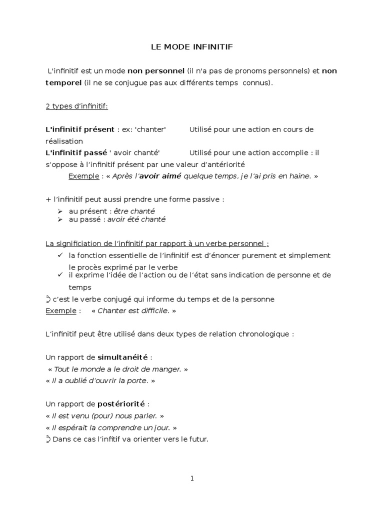 Comprendre le mode infinitif en français | PDF | Phrase | Verbe