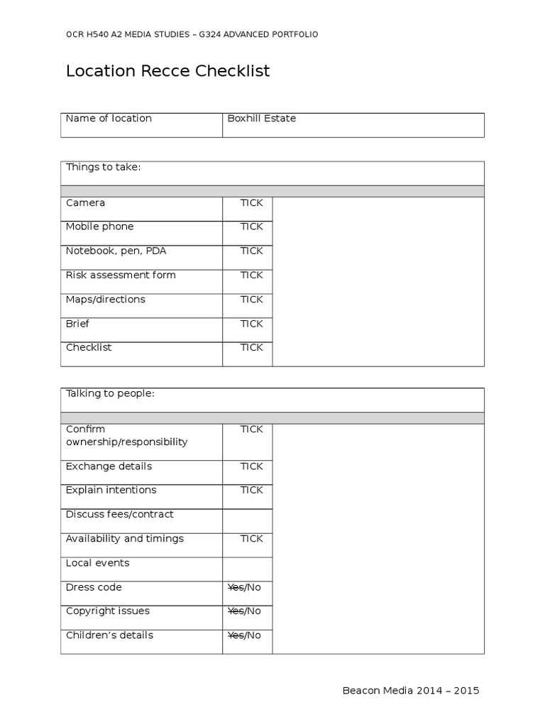 Location Recce Checklist: Ocr H540 A2 Media Studies - G324 Advanced ...