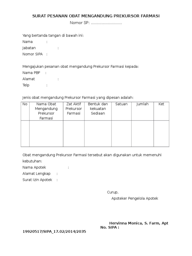 Surat Pesanan Obat Mengandung Prekursor Farmasi
