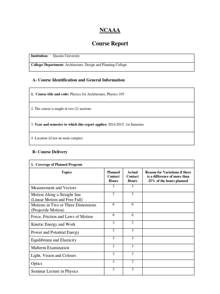 NCAAA Course Report Physics 105 351 | PDF | Homework | Lecture