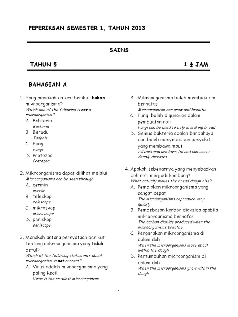 Contoh Soalan Sains Tahun 5