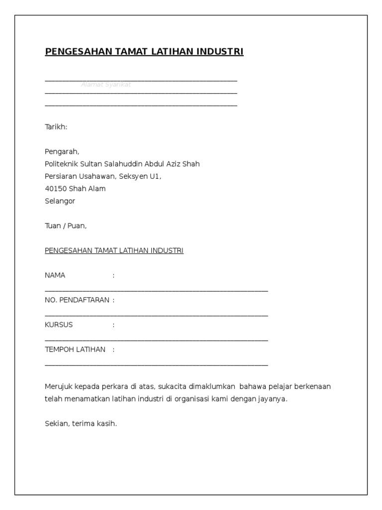 Surat Pengesahan Tamat Latihan Industri