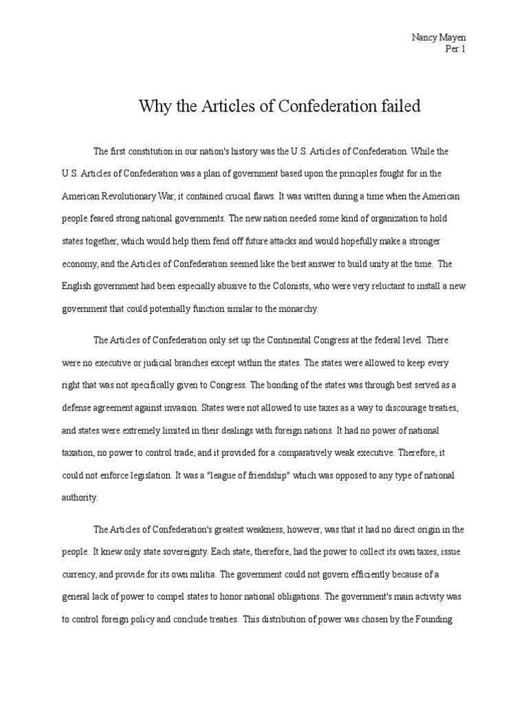 why the articles of confederation failed essay