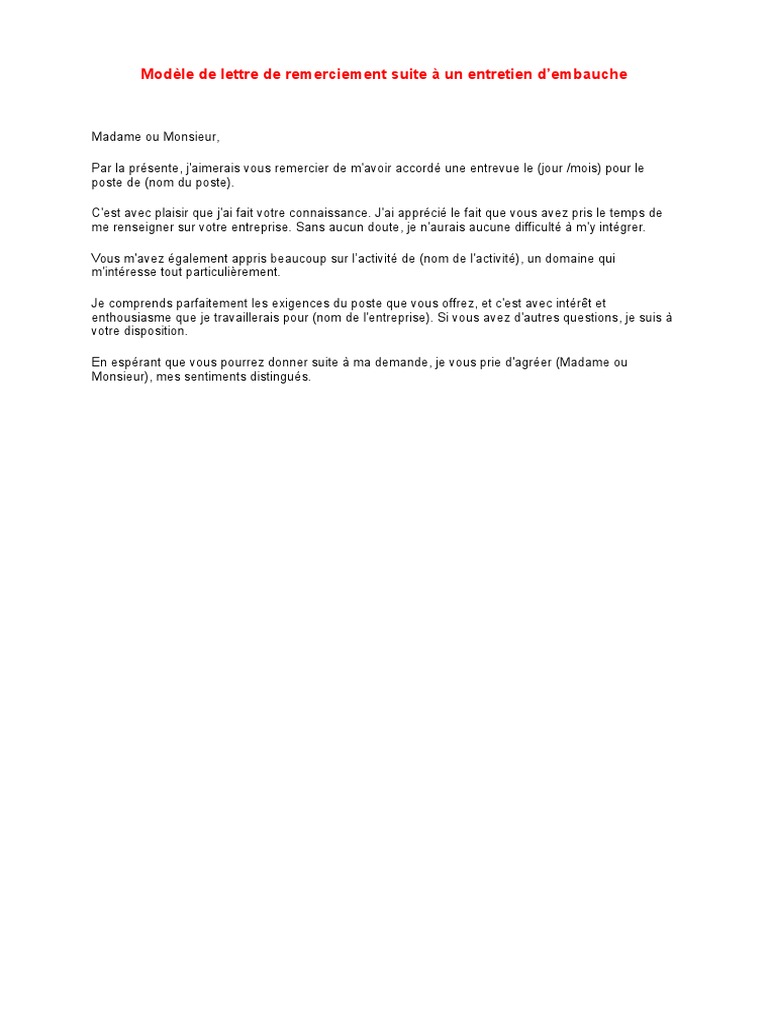 lettre remerciement candidature non retenue