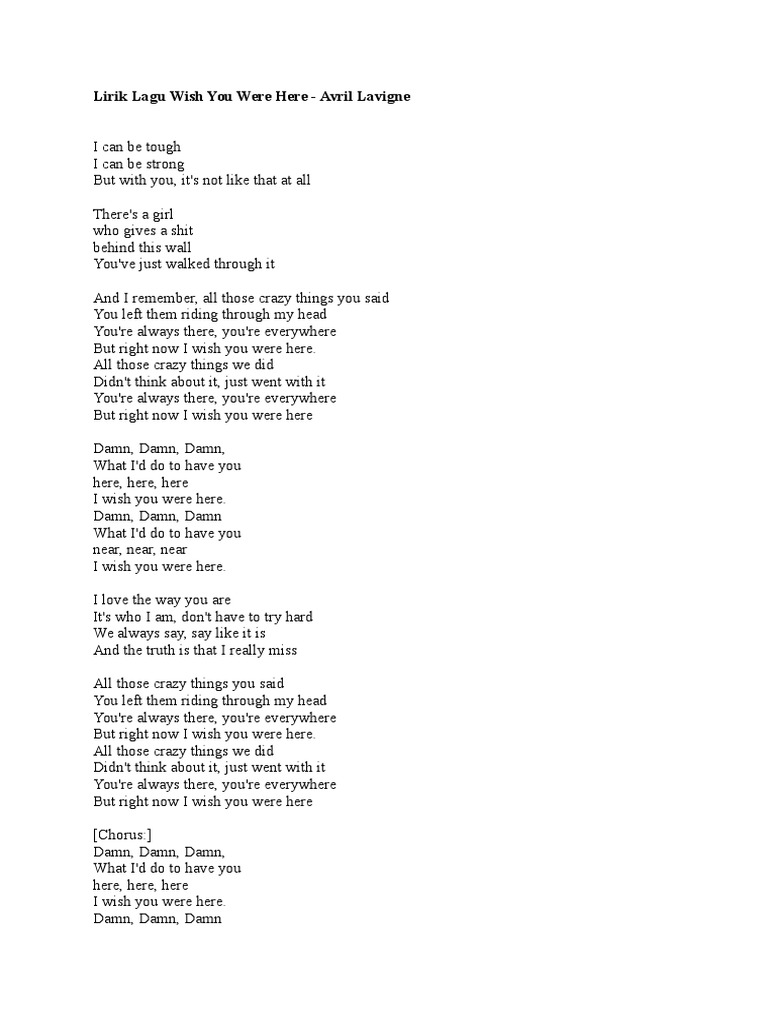 Teks Lagu Avril Wish You Were Here - Berbagi Teks Penting