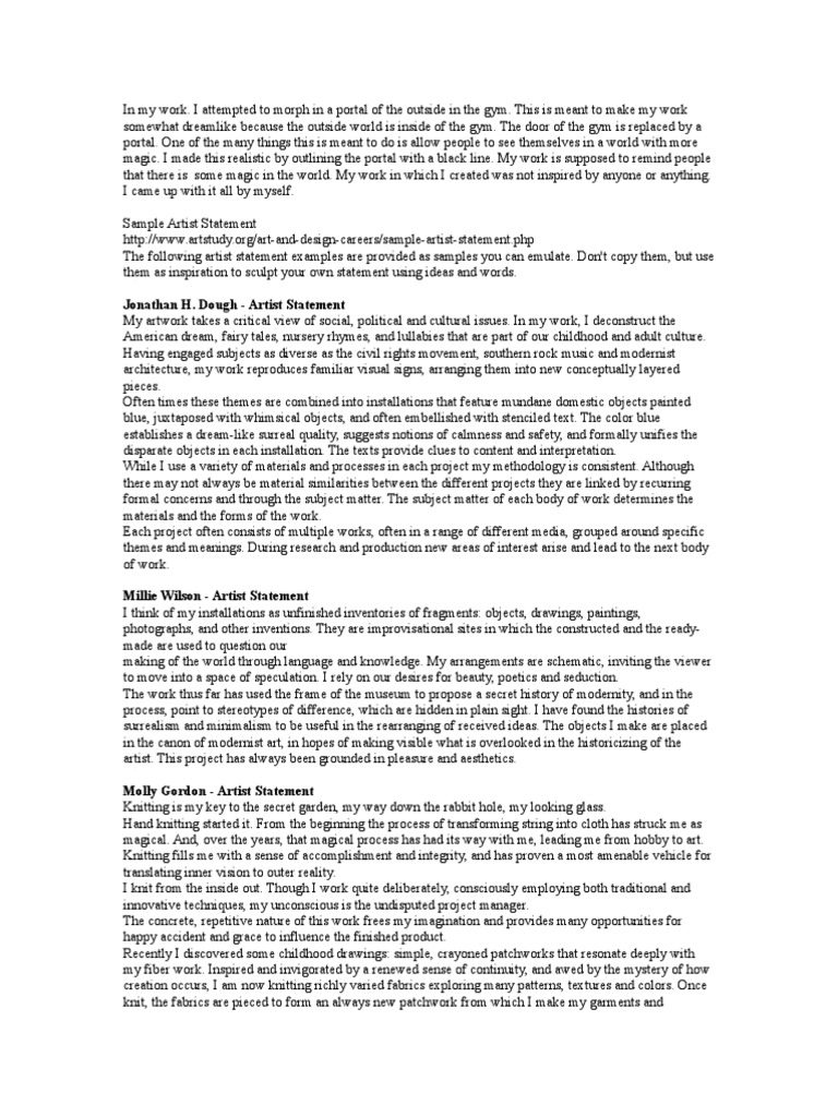 Sample Artist Statement PDF Works Of Art Question