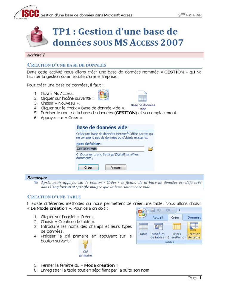 Tp1 Gestion Base De Donnees Access 2007 Microsoft Access Bases De Donnees